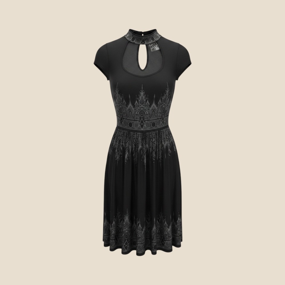 Killstar Black Gothic Occult Skater Dress XS Keyhole Ruffle Neck Witchy Alt